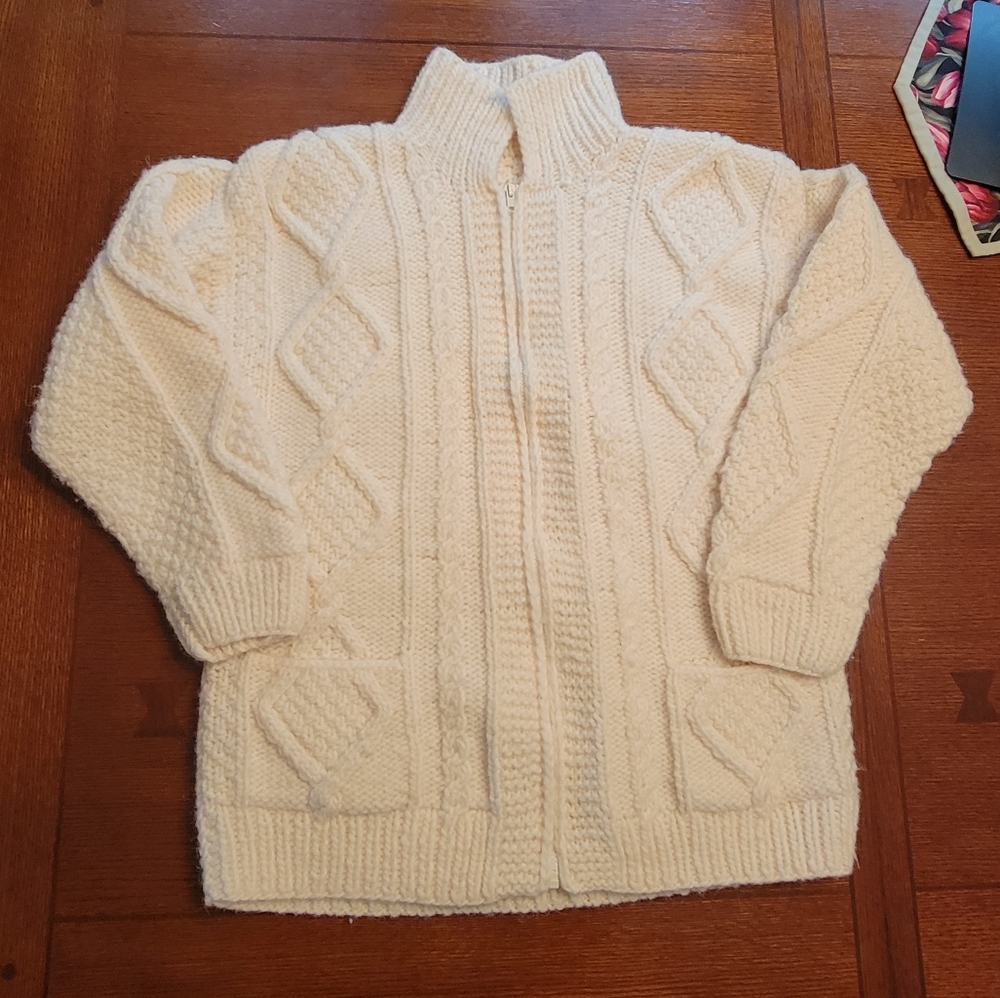 Thick Wool Zip Up Home Made Sweater Cream Large XL